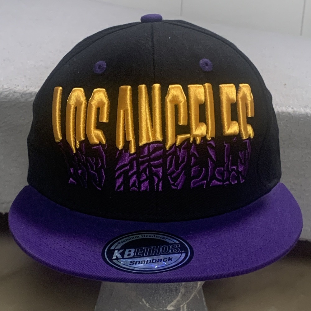 Los Angeles Lakers Snapback Hat Black Purple Gold Graffiti Drip Font KBETHOS NEW